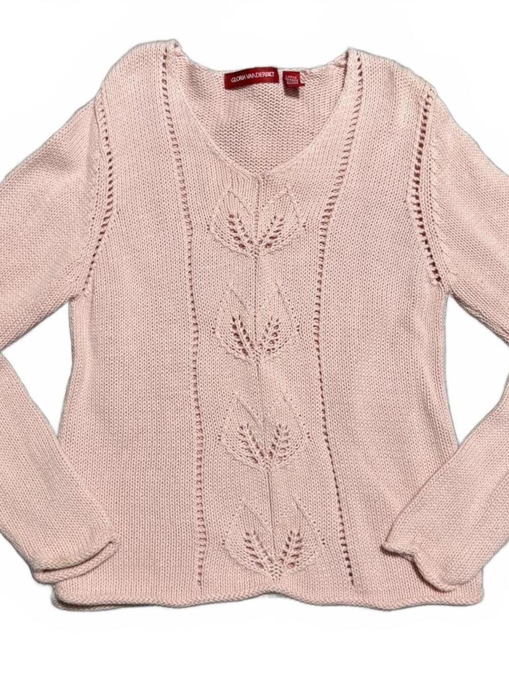 Vintage 90s Gloria Vanderbilt Pink Cable Knit Ramie Cotton Blend Sweater Size L